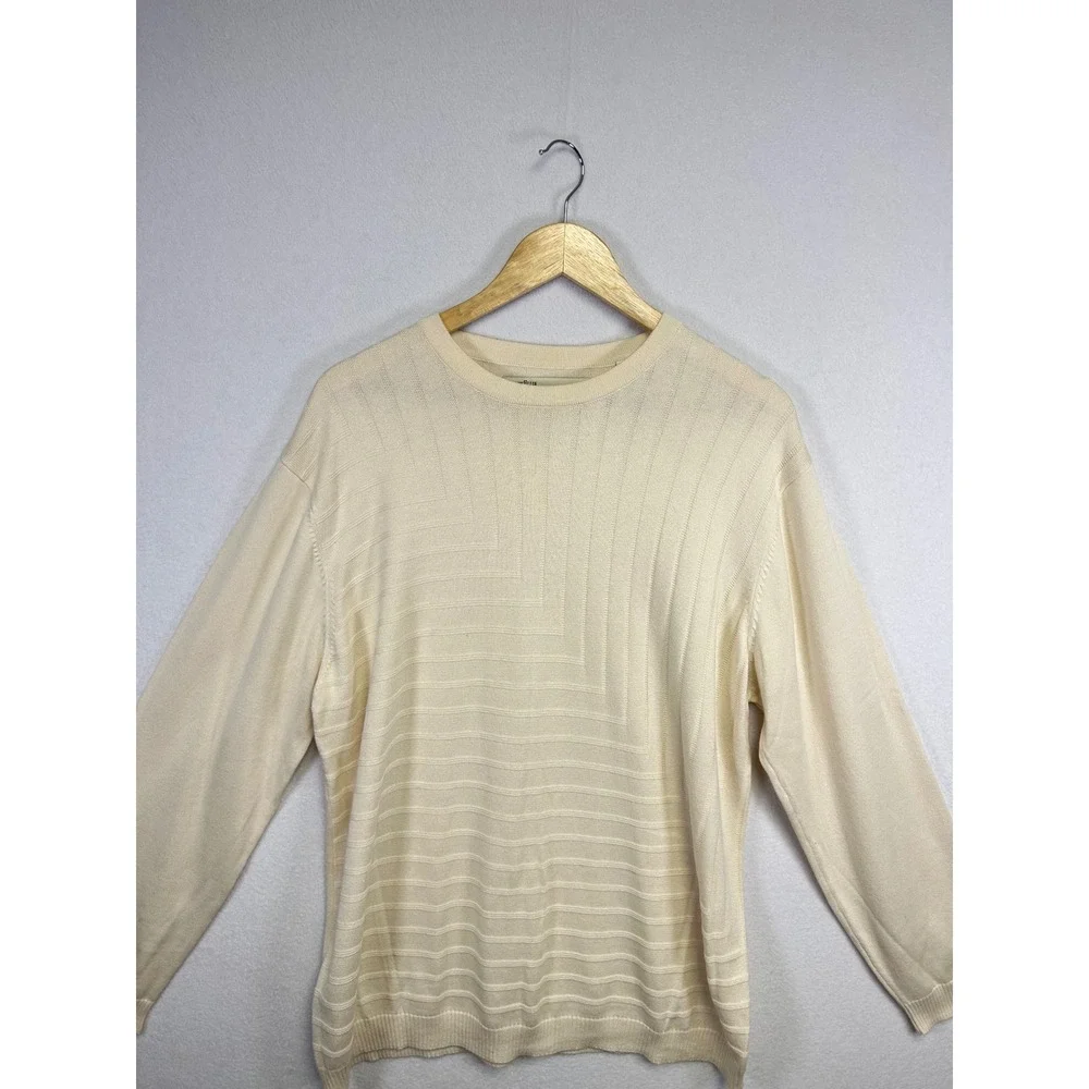 Perry Ellis Cream Knit Sweater XL Ribbed Texture‎ Crew Neck Long Sleeve